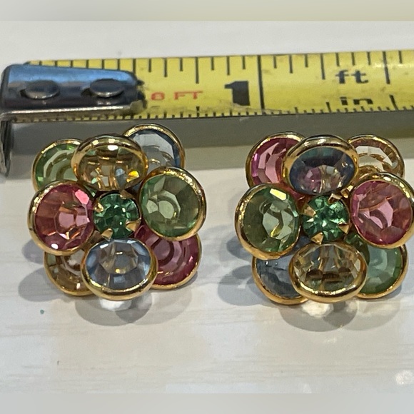 Pair Pierced Earrings Gold tone Crystal? Pink,blue, green, shiny like rhinestone - Picture 3 of 5
